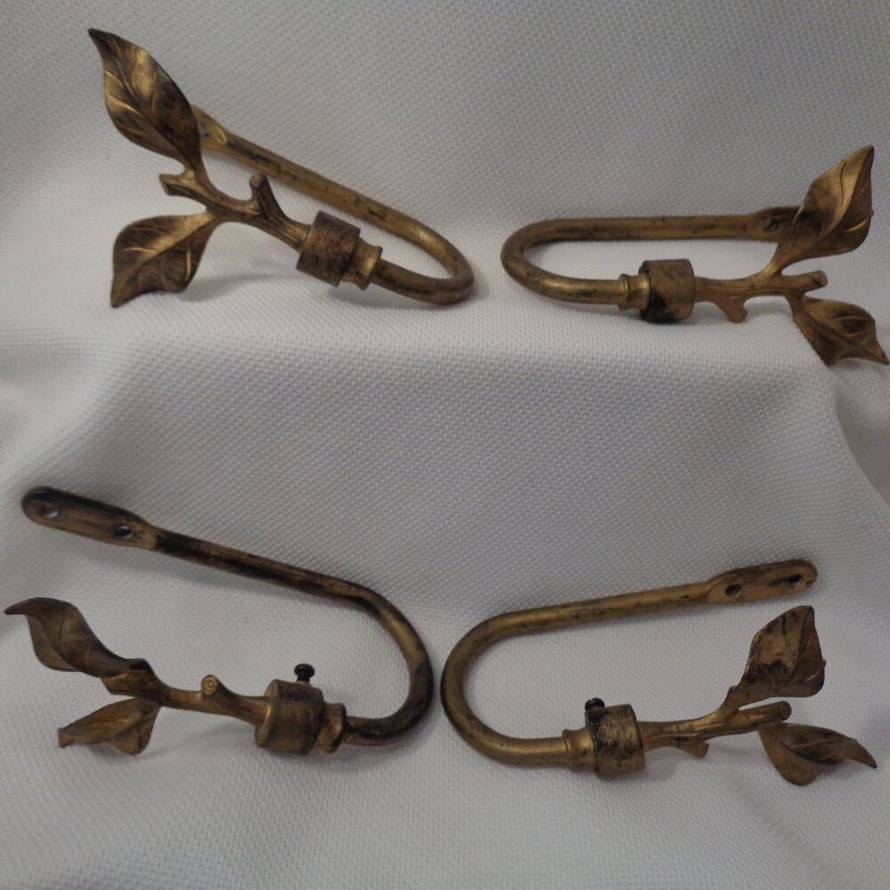 Drapery / scarf holdbacks in antique gold elegant leaf / twig design 2 sets of 2